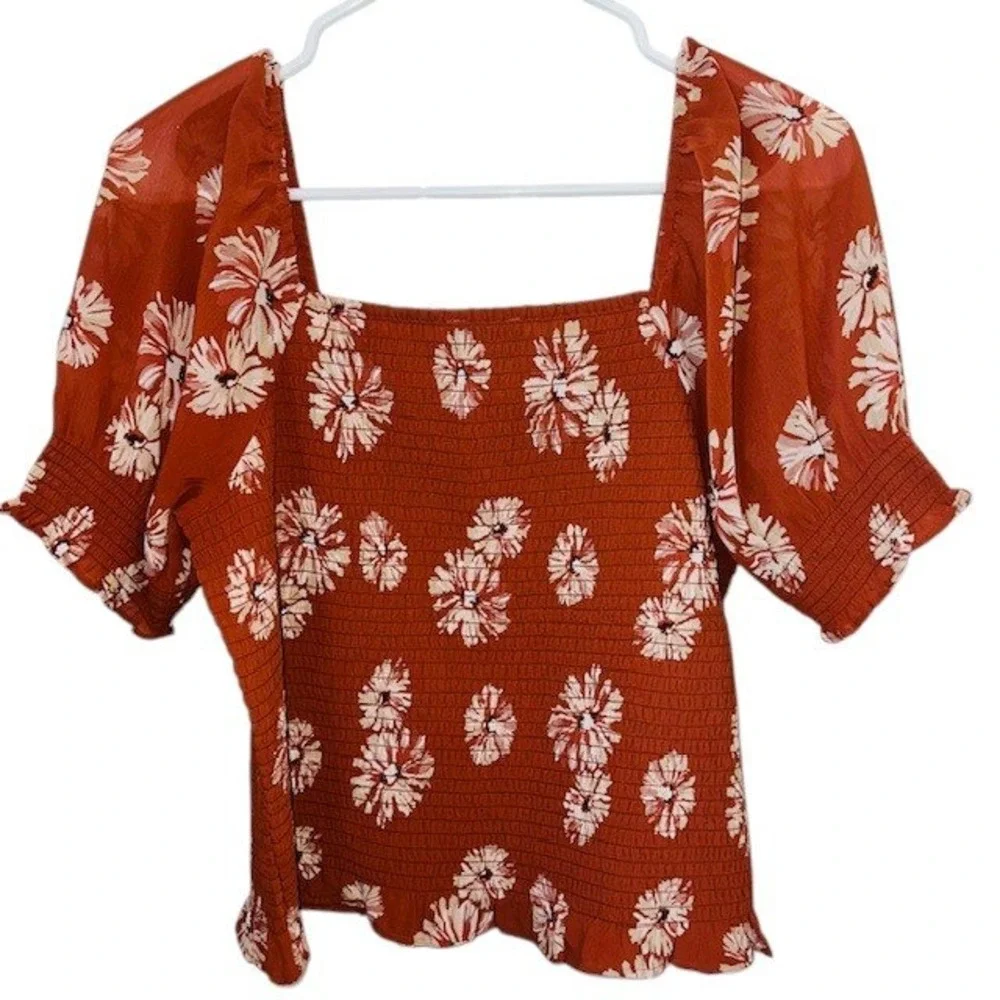 Madewell Georgette Lucie Floral Smocked Top Square Neck Puff Sleeve‎ Rust Size M - Picture 6 of 16